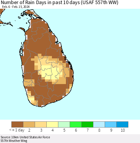 Sri Lanka Number of Rain Days in past 10 days (USAF 557th WW) Thematic Map For 2/11/2024 - 2/15/2024