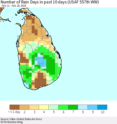 Sri Lanka Number of Rain Days in past 10 days (USAF 557th WW) Thematic Map For 2/16/2024 - 2/20/2024