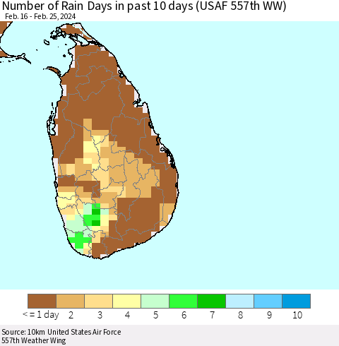 Sri Lanka Number of Rain Days in past 10 days (USAF 557th WW) Thematic Map For 2/21/2024 - 2/25/2024