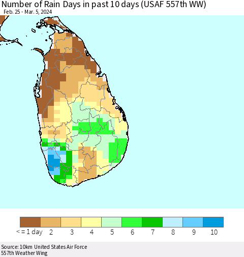 Sri Lanka Number of Rain Days in past 10 days (USAF 557th WW) Thematic Map For 3/1/2024 - 3/5/2024