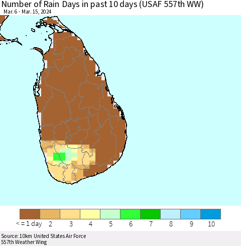 Sri Lanka Number of Rain Days in past 10 days (USAF 557th WW) Thematic Map For 3/11/2024 - 3/15/2024