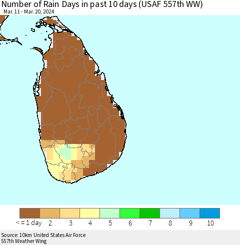 Sri Lanka Number of Rain Days in past 10 days (USAF 557th WW) Thematic Map For 3/16/2024 - 3/20/2024
