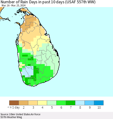 Sri Lanka Number of Rain Days in past 10 days (USAF 557th WW) Thematic Map For 3/21/2024 - 3/25/2024
