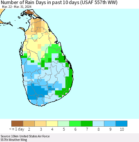 Sri Lanka Number of Rain Days in past 10 days (USAF 557th WW) Thematic Map For 3/26/2024 - 3/31/2024