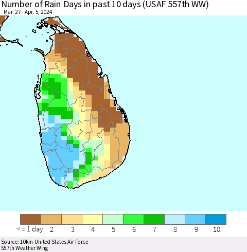 Sri Lanka Number of Rain Days in past 10 days (USAF 557th WW) Thematic Map For 4/1/2024 - 4/5/2024