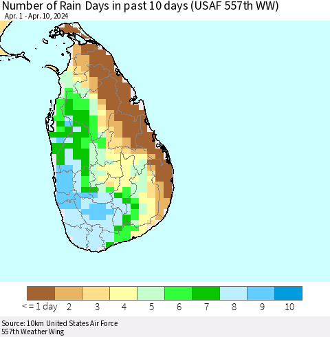 Sri Lanka Number of Rain Days in past 10 days (USAF 557th WW) Thematic Map For 4/6/2024 - 4/10/2024