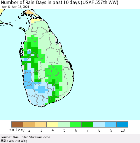 Sri Lanka Number of Rain Days in past 10 days (USAF 557th WW) Thematic Map For 4/11/2024 - 4/15/2024