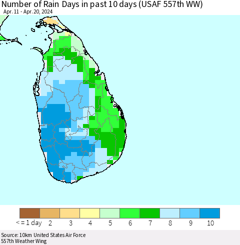Sri Lanka Number of Rain Days in past 10 days (USAF 557th WW) Thematic Map For 4/16/2024 - 4/20/2024