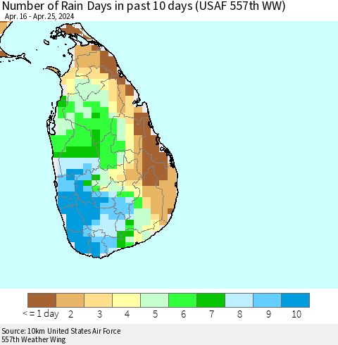 Sri Lanka Number of Rain Days in past 10 days (USAF 557th WW) Thematic Map For 4/21/2024 - 4/25/2024