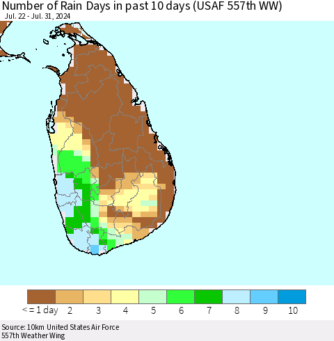 Sri Lanka Number of Rain Days in past 10 days (USAF 557th WW) Thematic Map For 7/26/2024 - 7/31/2024