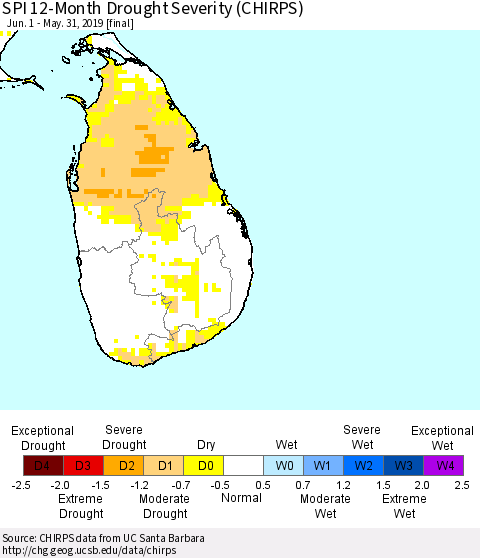 Sri Lanka SPI 12-Month Drought Severity (CHIRPS) Thematic Map For 6/1/2018 - 5/31/2019