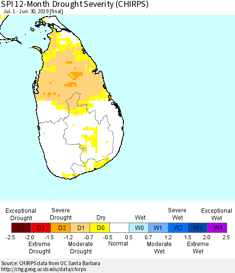 Sri Lanka SPI 12-Month Drought Severity (CHIRPS) Thematic Map For 7/1/2018 - 6/30/2019