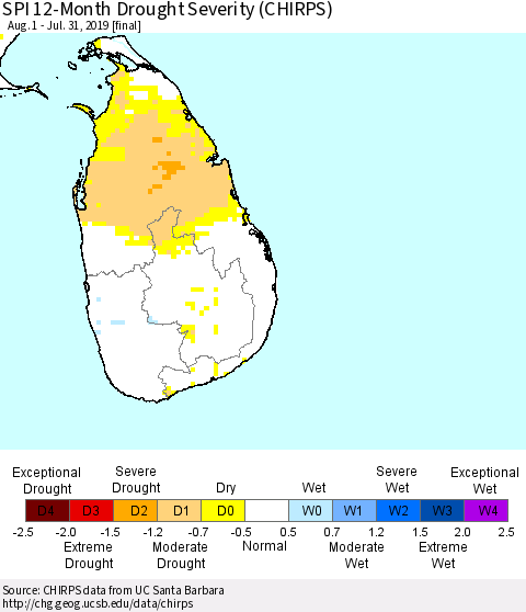 Sri Lanka SPI 12-Month Drought Severity (CHIRPS) Thematic Map For 8/1/2018 - 7/31/2019