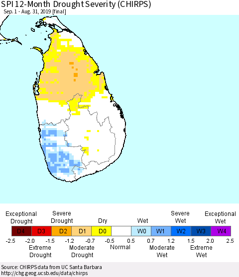 Sri Lanka SPI 12-Month Drought Severity (CHIRPS) Thematic Map For 9/1/2018 - 8/31/2019
