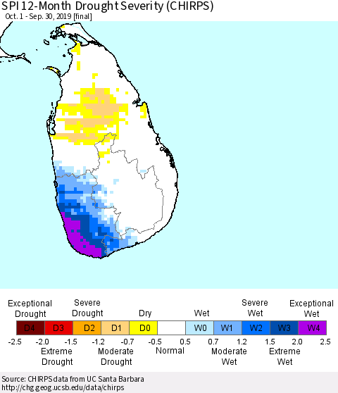 Sri Lanka SPI 12-Month Drought Severity (CHIRPS) Thematic Map For 10/1/2018 - 9/30/2019