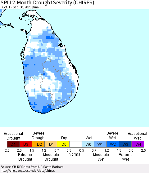 Sri Lanka SPI 12-Month Drought Severity (CHIRPS) Thematic Map For 10/1/2019 - 9/30/2020