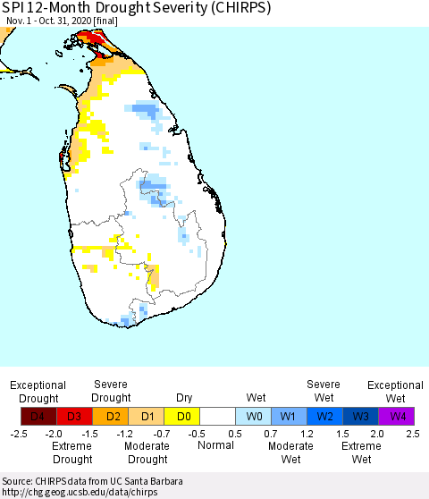 Sri Lanka SPI 12-Month Drought Severity (CHIRPS) Thematic Map For 11/1/2019 - 10/31/2020