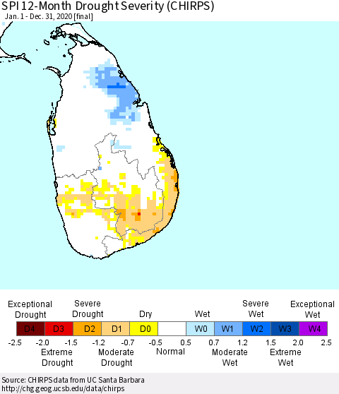 Sri Lanka SPI 12-Month Drought Severity (CHIRPS) Thematic Map For 1/1/2020 - 12/31/2020