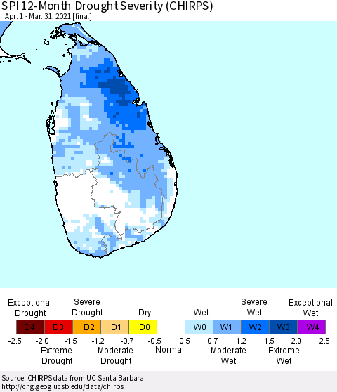 Sri Lanka SPI 12-Month Drought Severity (CHIRPS) Thematic Map For 4/1/2020 - 3/31/2021