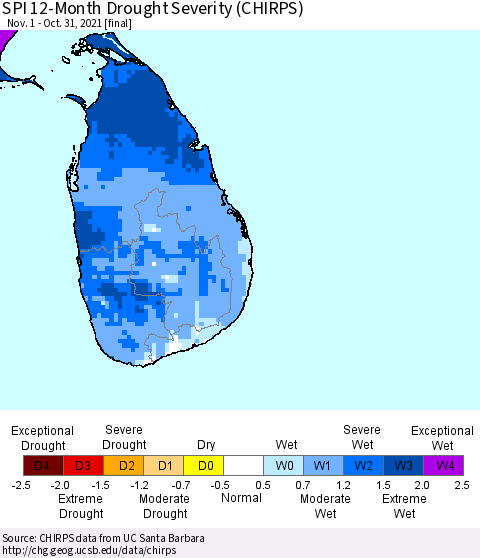 Sri Lanka SPI 12-Month Drought Severity (CHIRPS) Thematic Map For 11/1/2020 - 10/31/2021