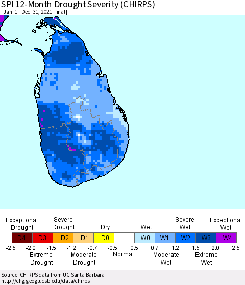 Sri Lanka SPI 12-Month Drought Severity (CHIRPS) Thematic Map For 1/1/2021 - 12/31/2021