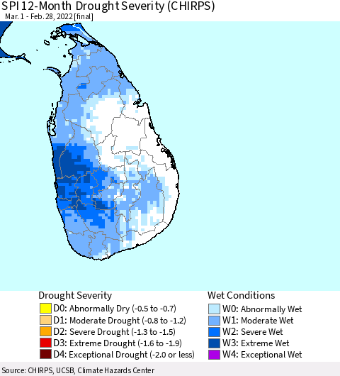 Sri Lanka SPI 12-Month Drought Severity (CHIRPS) Thematic Map For 3/1/2021 - 2/28/2022