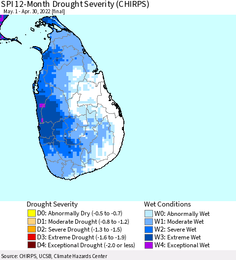 Sri Lanka SPI 12-Month Drought Severity (CHIRPS) Thematic Map For 5/1/2021 - 4/30/2022