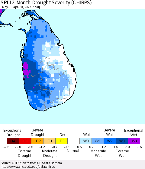 Sri Lanka SPI 12-Month Drought Severity (CHIRPS) Thematic Map For 5/1/2021 - 4/30/2022