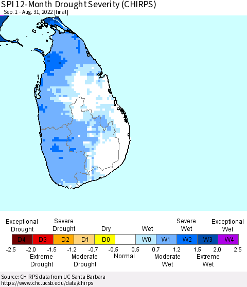 Sri Lanka SPI 12-Month Drought Severity (CHIRPS) Thematic Map For 9/1/2021 - 8/31/2022