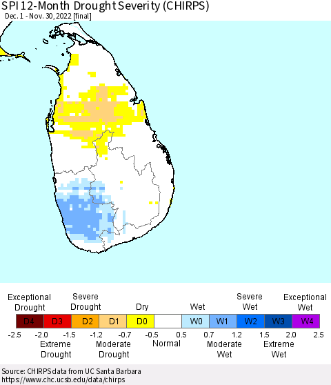 Sri Lanka SPI 12-Month Drought Severity (CHIRPS) Thematic Map For 12/1/2021 - 11/30/2022