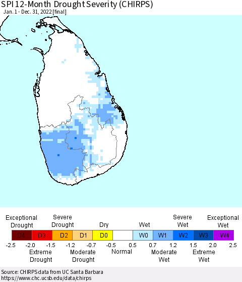 Sri Lanka SPI 12-Month Drought Severity (CHIRPS) Thematic Map For 1/1/2022 - 12/31/2022