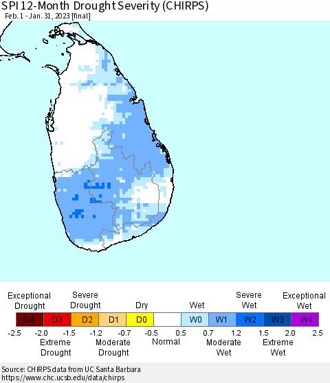 Sri Lanka SPI 12-Month Drought Severity (CHIRPS) Thematic Map For 2/1/2022 - 1/31/2023