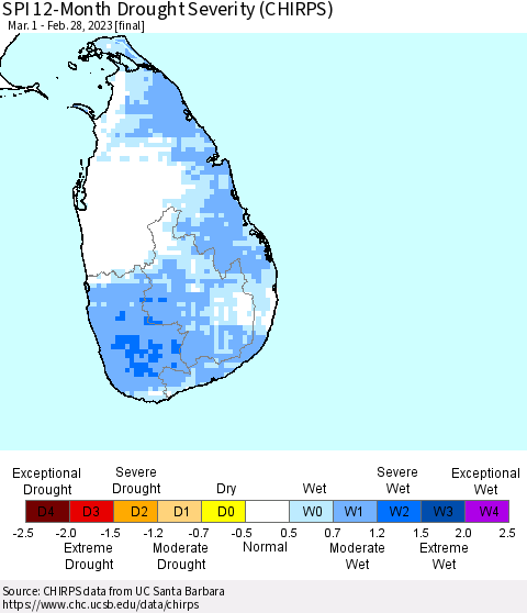 Sri Lanka SPI 12-Month Drought Severity (CHIRPS) Thematic Map For 3/1/2022 - 2/28/2023