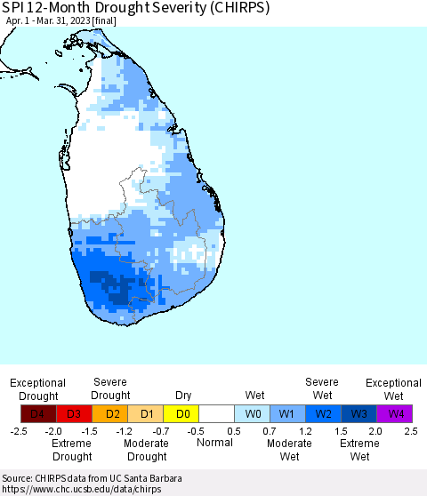 Sri Lanka SPI 12-Month Drought Severity (CHIRPS) Thematic Map For 4/1/2022 - 3/31/2023