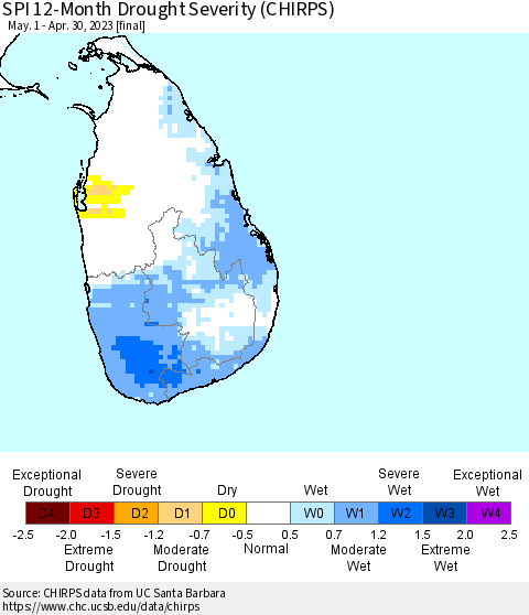 Sri Lanka SPI 12-Month Drought Severity (CHIRPS) Thematic Map For 5/1/2022 - 4/30/2023