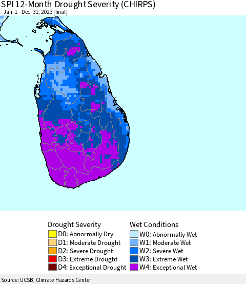 Sri Lanka SPI 12-Month Drought Severity (CHIRPS) Thematic Map For 1/1/2023 - 12/31/2023