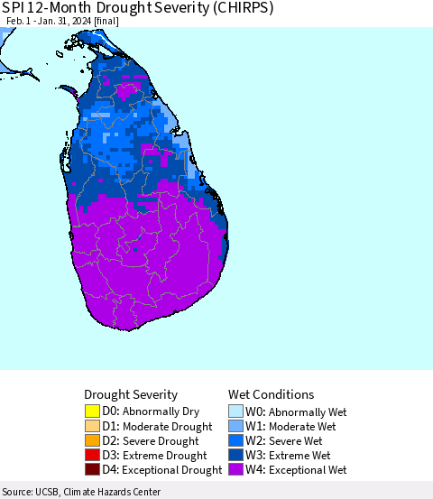 Sri Lanka SPI 12-Month Drought Severity (CHIRPS) Thematic Map For 2/1/2023 - 1/31/2024