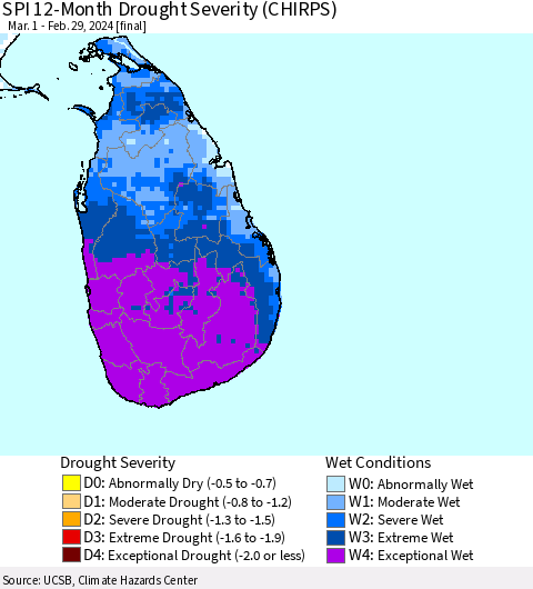 Sri Lanka SPI 12-Month Drought Severity (CHIRPS) Thematic Map For 3/1/2023 - 2/29/2024