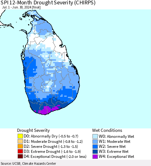 Sri Lanka SPI 12-Month Drought Severity (CHIRPS) Thematic Map For 7/1/2023 - 6/30/2024