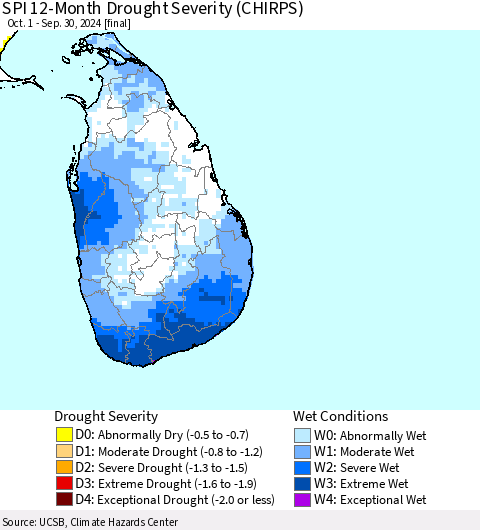 Sri Lanka SPI 12-Month Drought Severity (CHIRPS) Thematic Map For 10/1/2023 - 9/30/2024