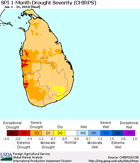 Sri Lanka SPI 1-Month Drought Severity (CHIRPS) Thematic Map For 1/1/2018 - 1/31/2018