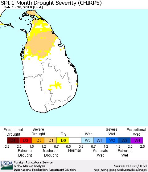 Sri Lanka SPI 1-Month Drought Severity (CHIRPS) Thematic Map For 2/1/2018 - 2/28/2018