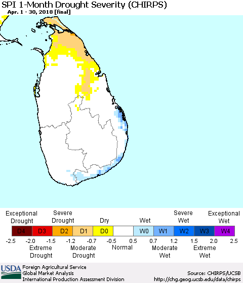 Sri Lanka SPI 1-Month Drought Severity (CHIRPS) Thematic Map For 4/1/2018 - 4/30/2018