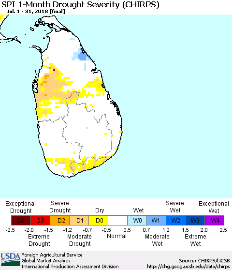 Sri Lanka SPI 1-Month Drought Severity (CHIRPS) Thematic Map For 7/1/2018 - 7/31/2018