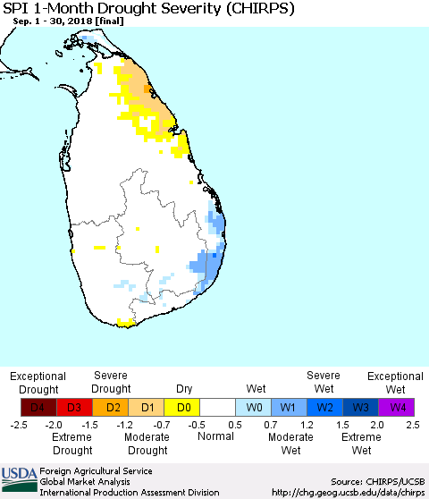 Sri Lanka SPI 1-Month Drought Severity (CHIRPS) Thematic Map For 9/1/2018 - 9/30/2018