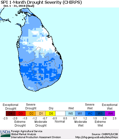 Sri Lanka SPI 1-Month Drought Severity (CHIRPS) Thematic Map For 10/1/2018 - 10/31/2018