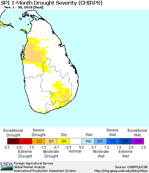 Sri Lanka SPI 1-Month Drought Severity (CHIRPS) Thematic Map For 11/1/2018 - 11/30/2018