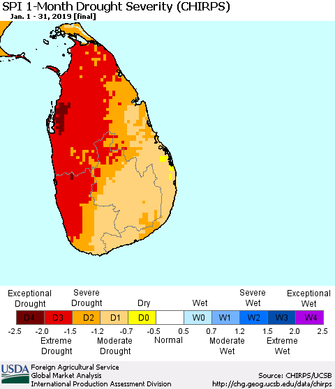 Sri Lanka SPI 1-Month Drought Severity (CHIRPS) Thematic Map For 1/1/2019 - 1/31/2019