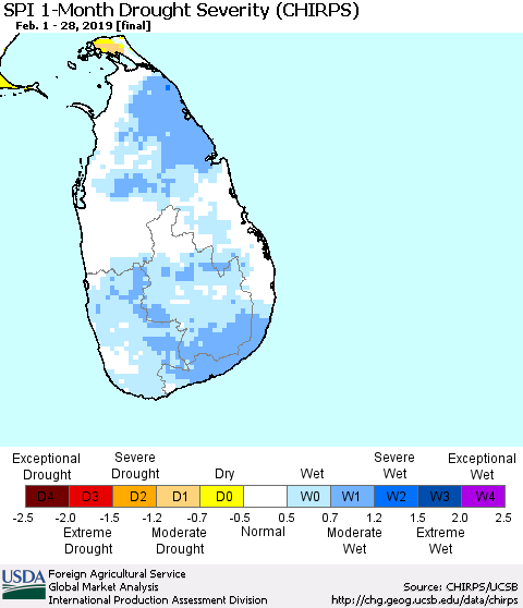 Sri Lanka SPI 1-Month Drought Severity (CHIRPS) Thematic Map For 2/1/2019 - 2/28/2019