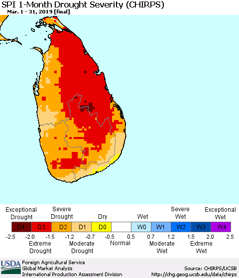 Sri Lanka SPI 1-Month Drought Severity (CHIRPS) Thematic Map For 3/1/2019 - 3/31/2019